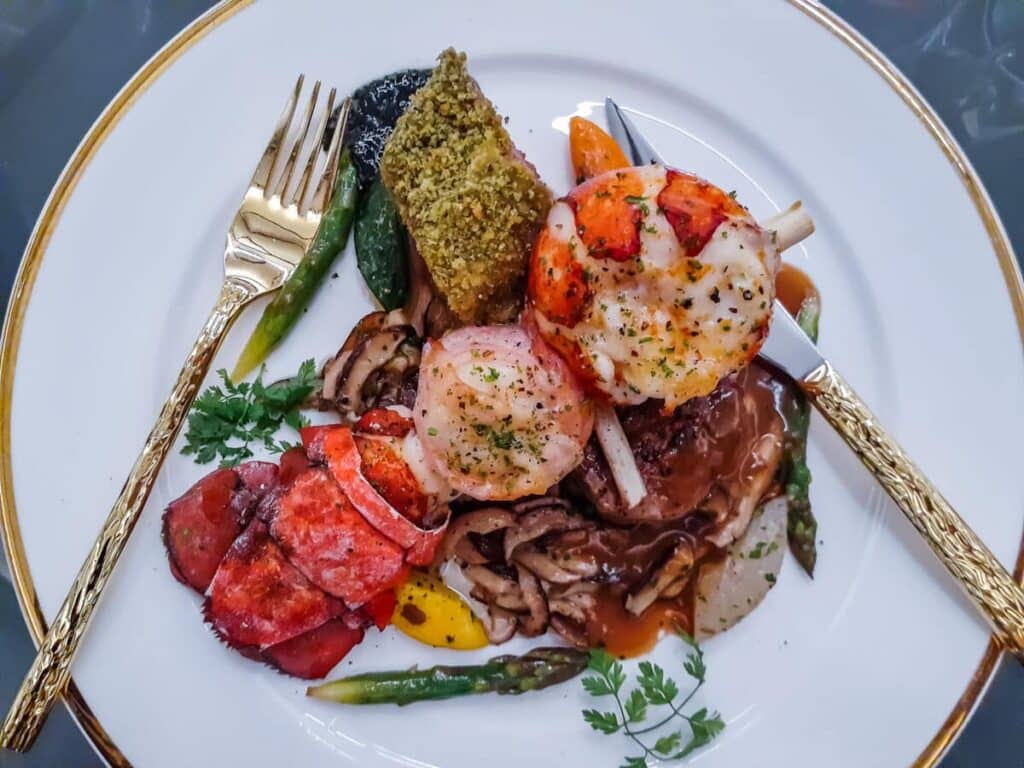 A top view of a specialty meal at a cruise ship dining