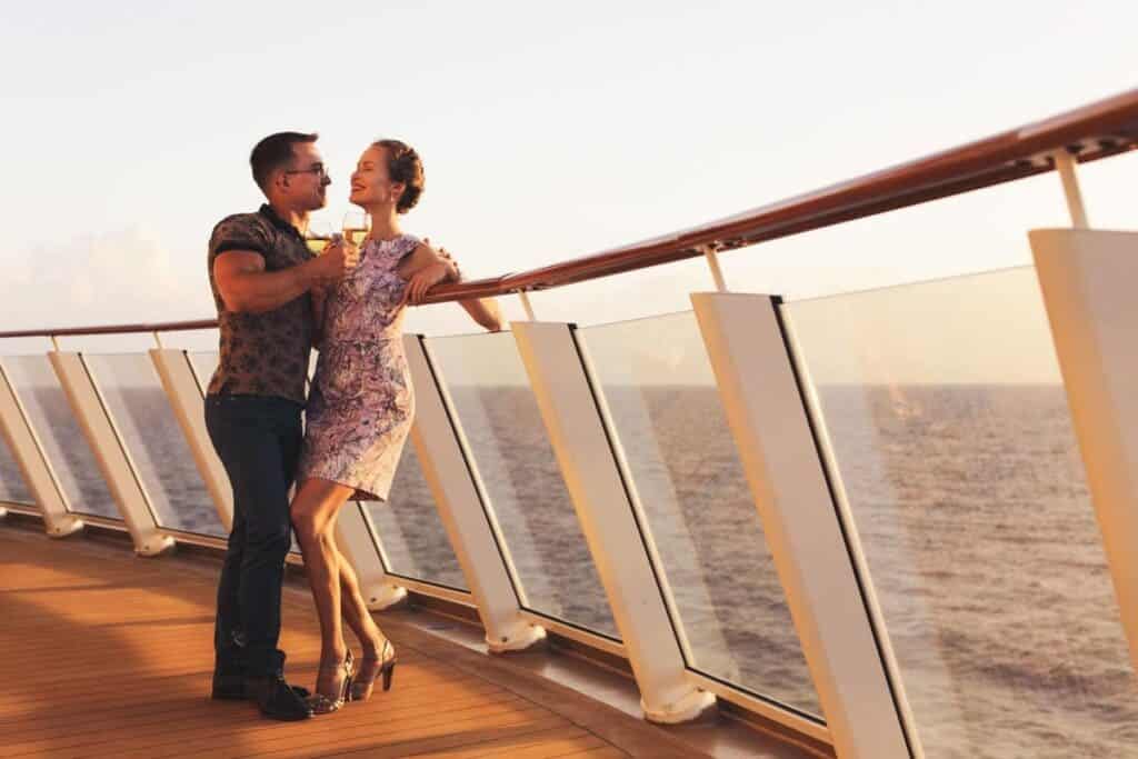 a couple in casual attire unwinding on a cruise