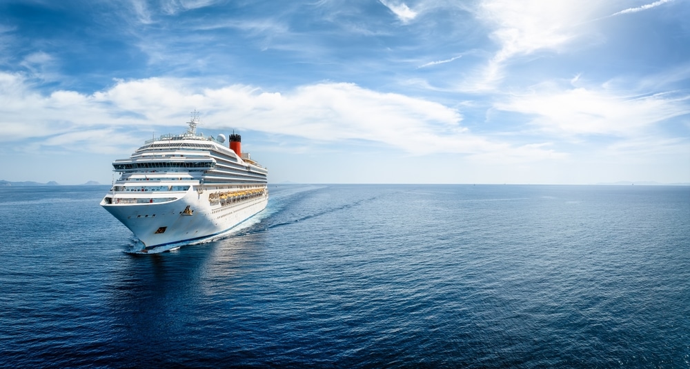 Aerial Front View Of A Generic Cruise Ship Traveling With